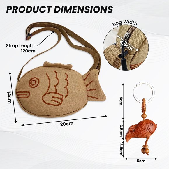 Girl's Japanese Style Embroidered Canvas Crossbody Bag with Wooden Fish Keychain - Picture 2 of 5
